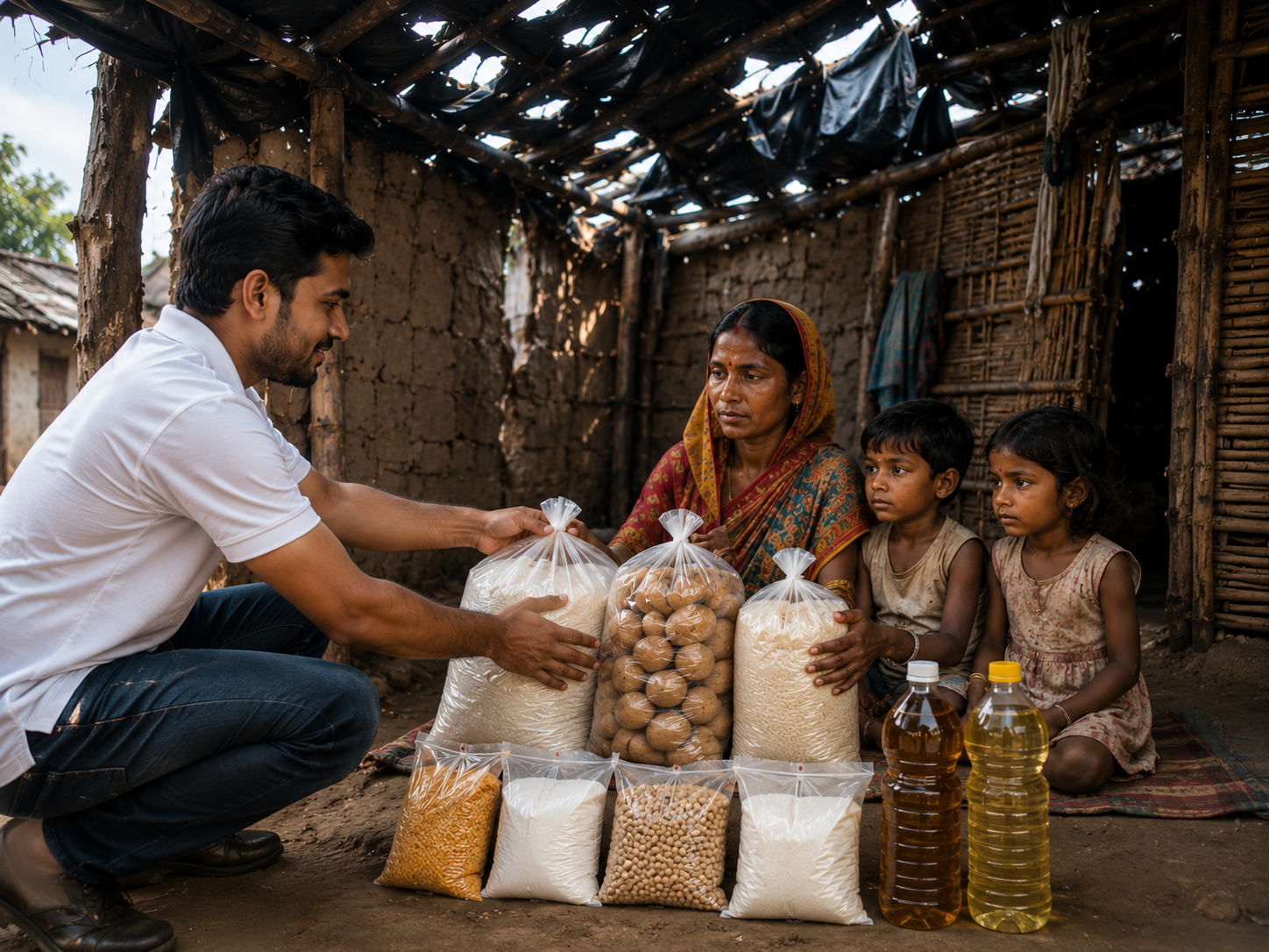 A Village Food Support volunteer handing ration supplies to a family