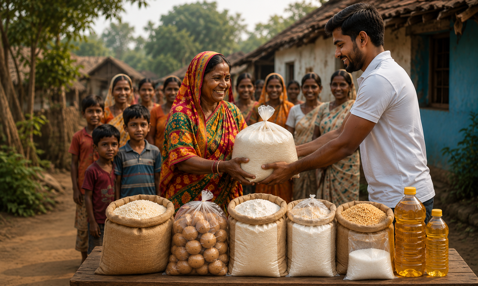 Volunteer handing ration packets to a family in a rural village